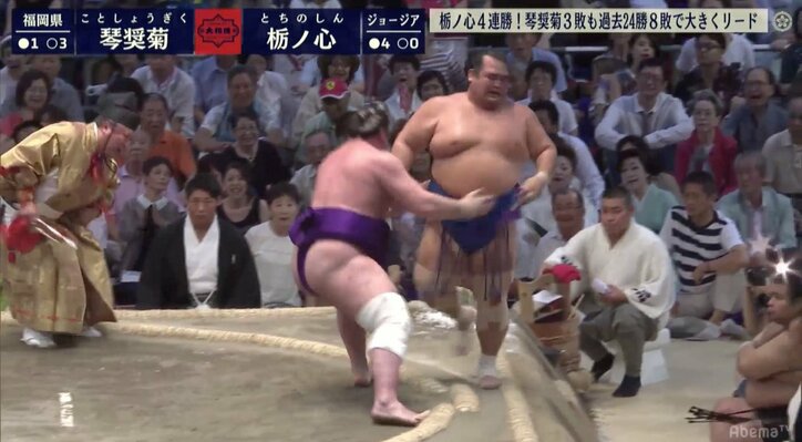 栃ノ心、万全の寄り切りで琴奨菊を破る　御嶽海と並んで全勝を守る