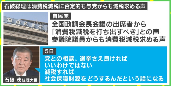石破総理は消費税減税に否定的も与党からも減税求める声