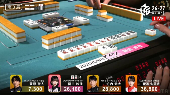 岡田紗佳、逆転の満貫は2巡目リーチ→一発ツモ！