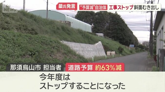 一部の斜面が削られたまま工事がストップ