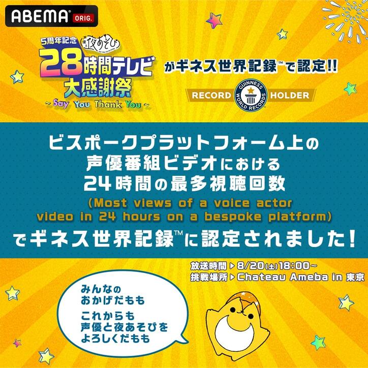 畠中祐がまさかの馬に圧勝「勝っちゃった…」予想外の展開に世界トレンド2位、ギネス世界記録も『声優28時間テレビ』2日目レポート