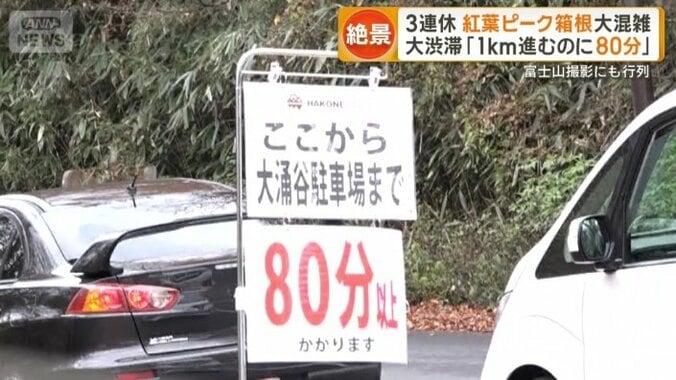 「大涌谷駐車場まで80分以上」の看板