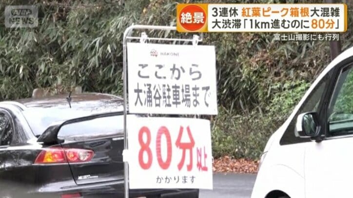 「大涌谷駐車場まで80分以上」の看板