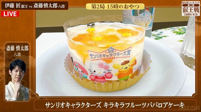 斎藤慎太郎八段が注文した「サンリオキャラクターズキラキラフルーツババロアケーキ」