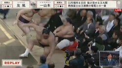 大丈夫でしたか…？と気遣い 激戦で力士2人が観客席最前列に突入 ぎりぎり避けて全員一安心「怪我しなければよし！」