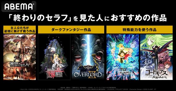 『終わりのセラフ』配信スタート＆一挙放送決定！『ありふれた職業』『反逆のルルーシュ』『オーバーロードIII』一挙も 3枚目