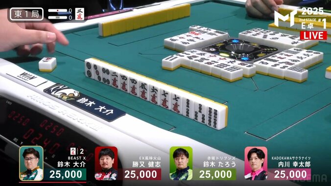 開始早々、剛腕が炸裂！鈴木大介の親跳満ツモ