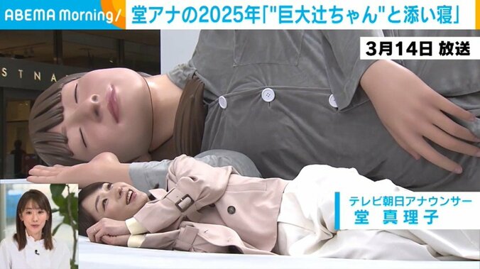 全長約3.6m“巨大辻ちゃん”と添い寝する堂真理子アナ