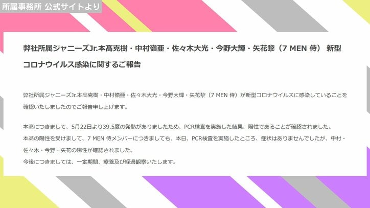 ジャニーズJr.「7MEN侍」5人が新型コロナ感染 24日からの公演は6月1日まで中止に