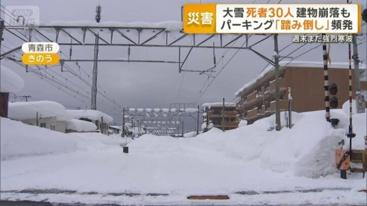レールまで雪で埋まっている踏切