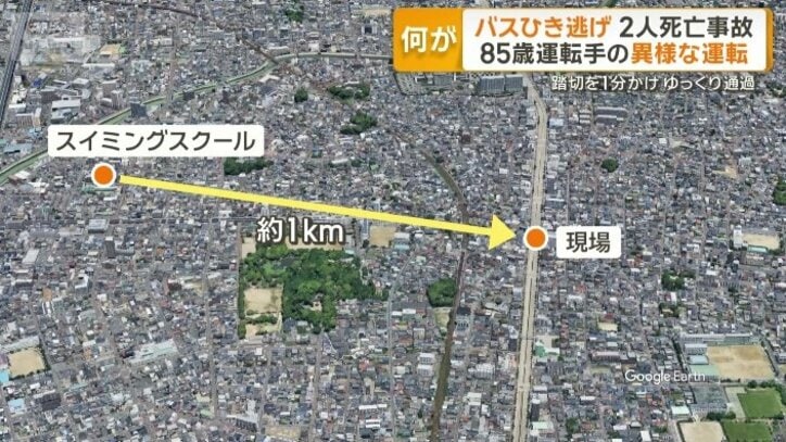 現場はスイミングスクールから直線距離で約1キロ
