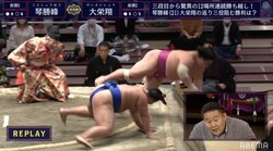 土俵下にダイレクト落下 大栄翔、捨て身の“フライハイ”が実を結ぶ勝利に館内も大賑わい