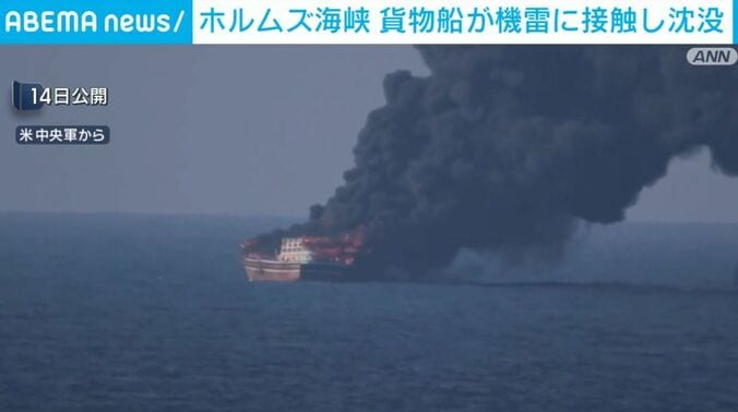 黒煙が立ち上がるコンテナ船