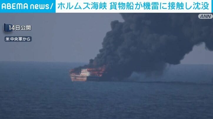 黒煙が立ち上がるコンテナ船