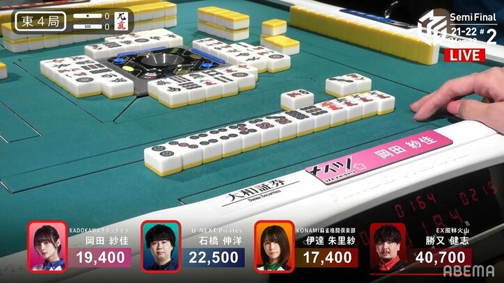 2翻落として3翻ゲット!岡田紗佳の豪運に実況席も驚き連発「そんなこと、あります!?」/麻雀・Mリーグ