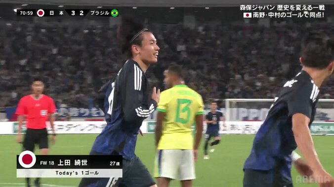 「ブラジル相手にフィジカルで…」DFに競り勝ちGKを圧倒した上田綺世の“強靭ヘッド”にネット騒然「国宝」「恐るべき身体能力」 5枚目