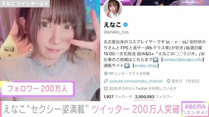 人気コスプレイヤーえなこ、“セクシー姿満載”Twitterがフォロワー200万人突破「えなこりんしか勝たん」と祝福の声 1枚目