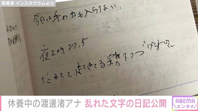 休養中のフジテレビ渡邊渚アナ「生存報告」乱れた文字の日記公開 「手にゴムバンドでペンを固定してなんとか書いていた」 2枚目