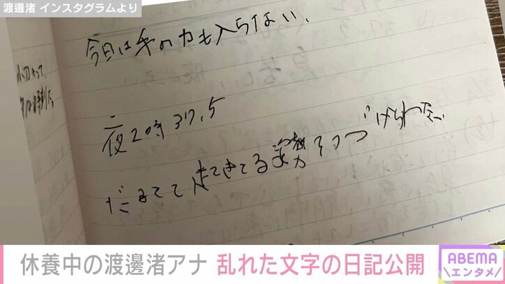 休養中のフジテレビ渡邊渚アナ「生存報告」乱れた文字の日記公開 「手にゴムバンドでペンを固定してなんとか書いていた」