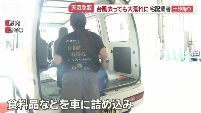 食料品などを車に詰め込み