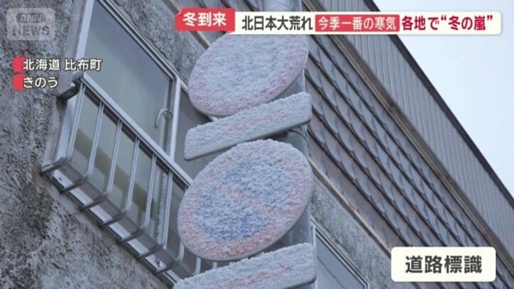 道路標識に張り付いた雪