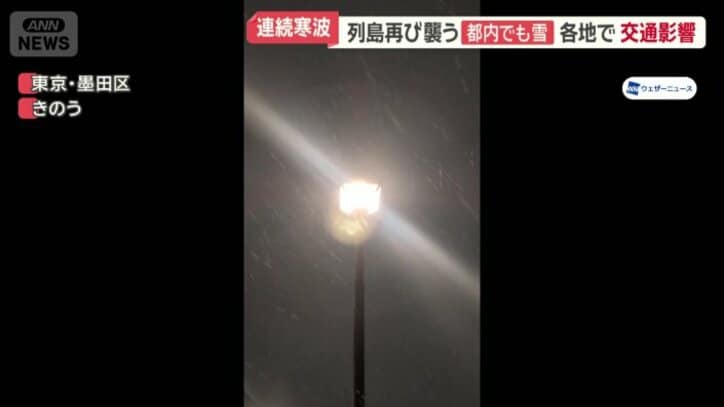 墨田区でも細かい雪が舞った