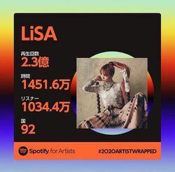 LiSA、驚異の2.3億回再生！「Spotify」海外人気ランキングで2冠を達成