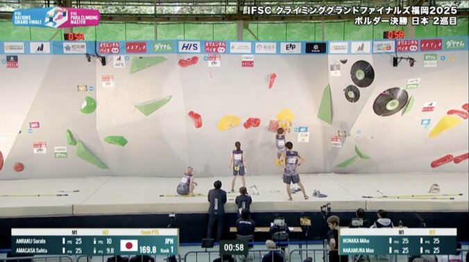 男女で相談し合い、攻略を目指す「ボルダー」競技