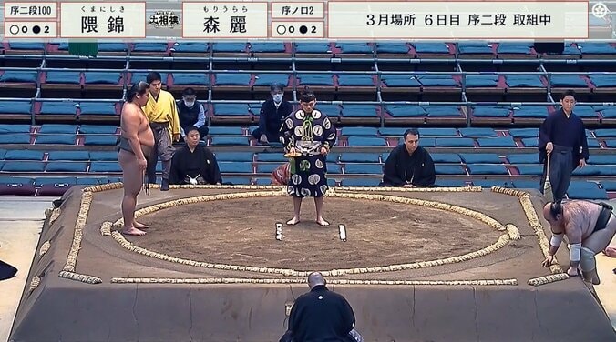 土俵下でフラフラの森麗