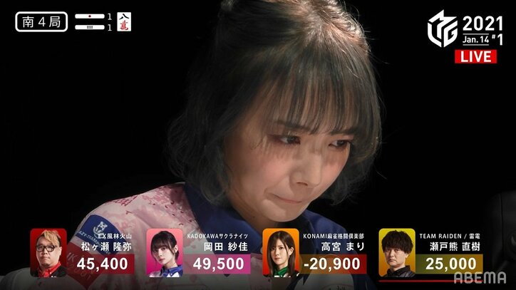 苦悩の3カ月半に終止符 岡田紗佳“十三度目の正直”で涙の今期初トップ!/麻雀・Mリーグ