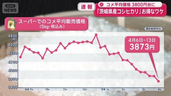 最新のスーパーでのコメの平均販売価格