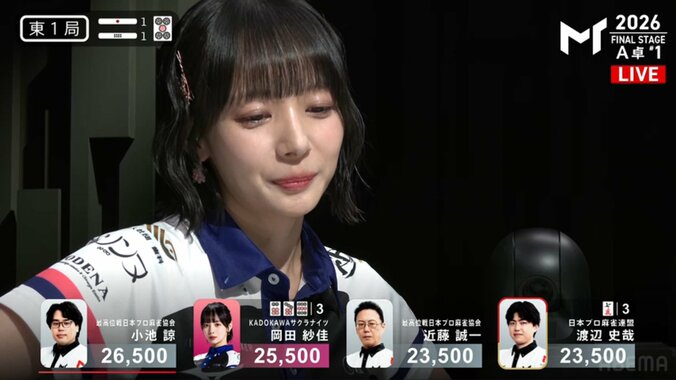 アガりにくい役満チャンスに思わず苦笑いする岡田紗佳