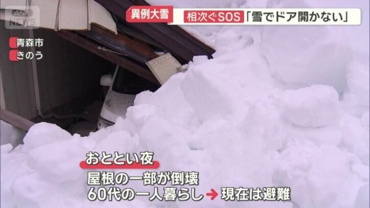 屋根の一部が倒壊した住宅