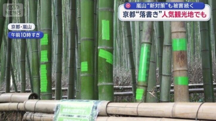 落書きを隠すために緑色のテープが貼られる