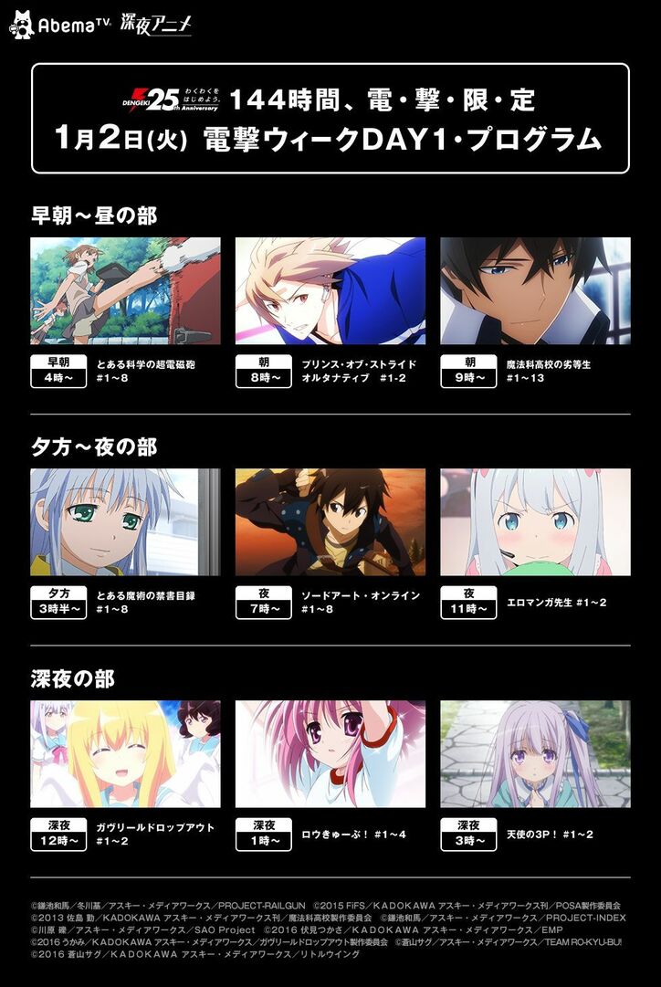 電撃25周年記念 Abematv 電撃ウィーク 人気アニメ作品計12シリーズを1月2日から144時間一挙配信 ニュース Abema Times