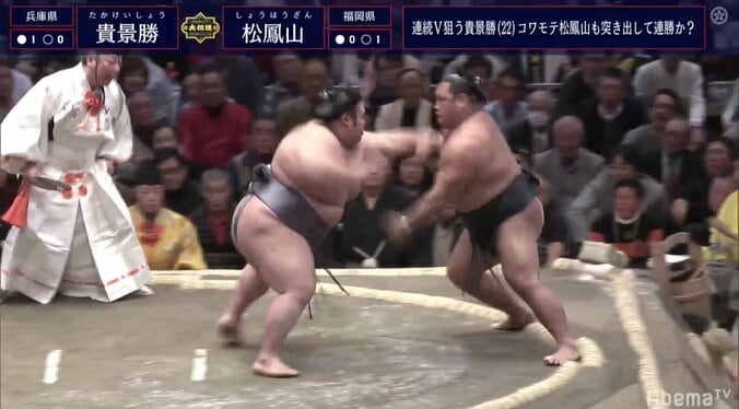 貴景勝が圧勝で視聴者「3.5発で出した！」　松鳳山を立ち合いから圧倒して連勝 1枚目