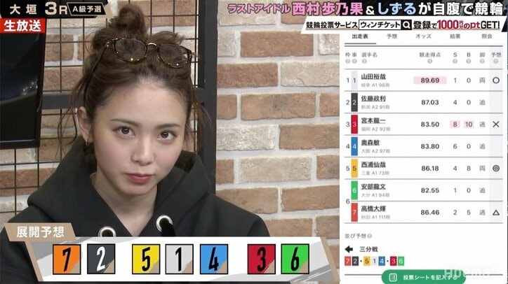 ラストアイドル・西村歩乃果の貴重な“デコ出し”ショットに視聴者興奮「何やってもかわいい」／ミッドナイト競輪