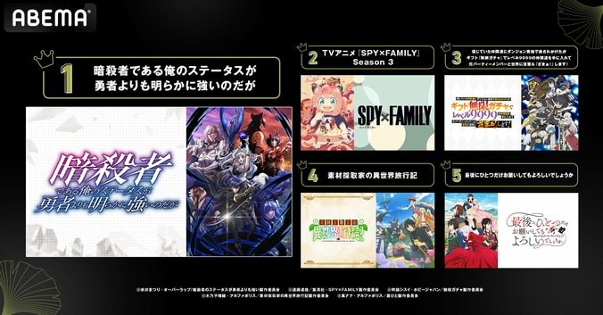 [Photos/Images] Le classement intermédiaire des nouveaux animes d'automne d'ABEMA est dévoilé ! « Sute Tsuyo » remporte la première place dans la catégorie des vues tandis que « Tojima Tanzaburō » obtient la première place dans la catégorie des commentaires 2nd