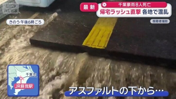 アスファルトの下から水が噴き出す