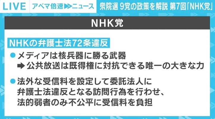 「日本版CDC」「日本版CIA」の設立など提案へ、NHKの弁護士法72条違反は今後も追及 【9党の政策を解説 第9回「NHK党」】