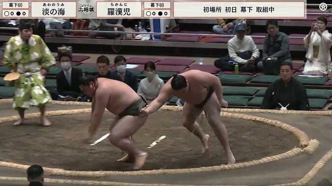 羅漢児は左まわしを掴んだまま、強引に上手出し投げ