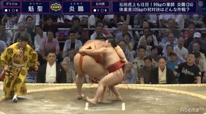 巨体の周りをダブルアクセル　業師・炎鵬、体重倍以上の204キロ魁聖に快勝 1枚目