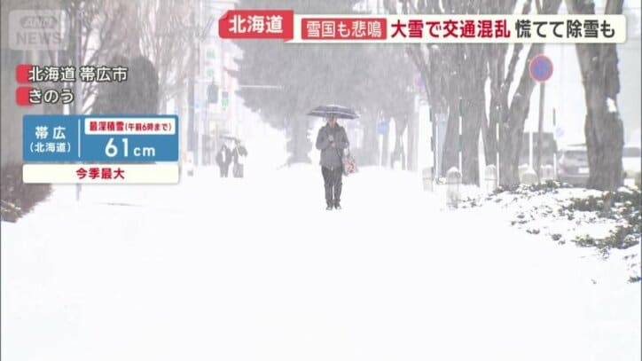 15日朝6時までで61cmの積雪を観測した帯広市