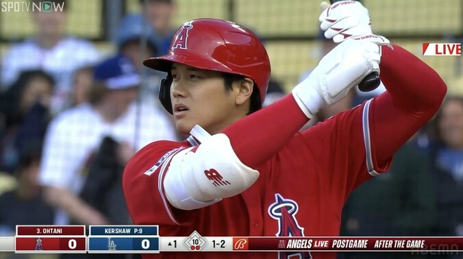 大谷翔平、WBC明け最初の打席はメジャー197勝左腕の前に豪快空振り三振「いきなり決勝戦並に迫力あるやん」「カーショーのカーブは無理ゲー」 1枚目