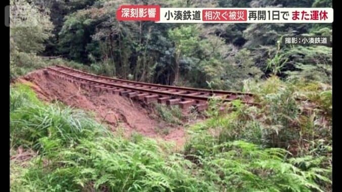 土砂が流され線路だけが浮いた状態