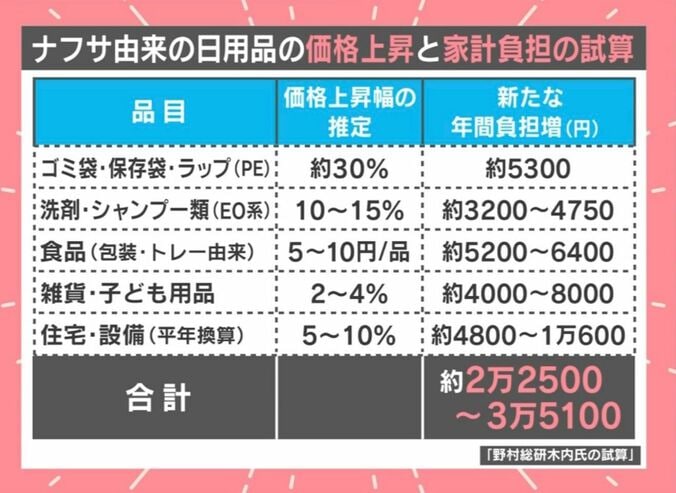 ナフサ由来の日用品の価格上昇と家計負担の試算