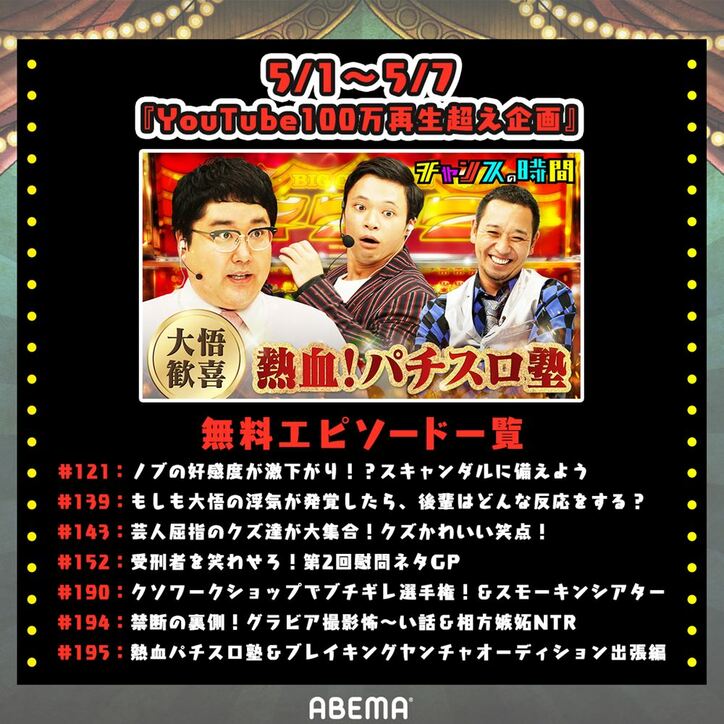 『チャンスの時間』厳選エピソード計21話を3週連続無料配信！ 番組初期の名企画やYouTube100万再生越え企画を一挙公開