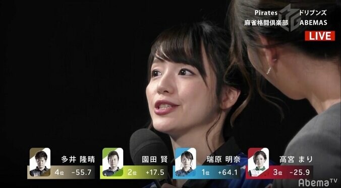 さすが天鳳九段 美女海賊・瑞原明奈、ニッコニコの3勝目で勝因スラスラ自己解説／麻雀・Mリーグ 2枚目