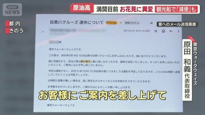 クルーズ船の運休を知らせるメール