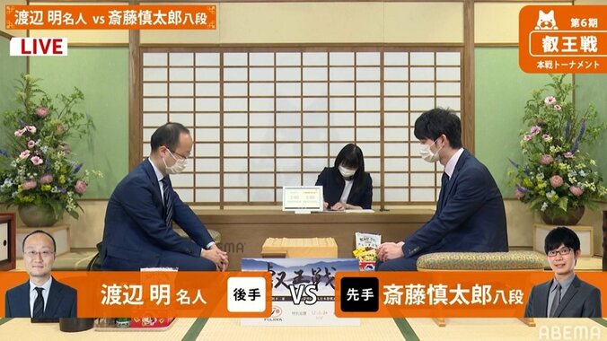 渡辺明名人 対 斎藤慎太郎八段 ベスト4かけ対局開始 名人戦と同カード／将棋・叡王戦 1枚目